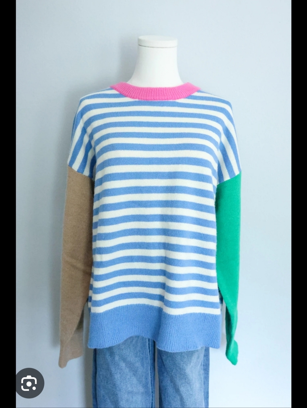 Wishlist Striped Crewneck Sweater in Blue, White, Pink, Green, Tan